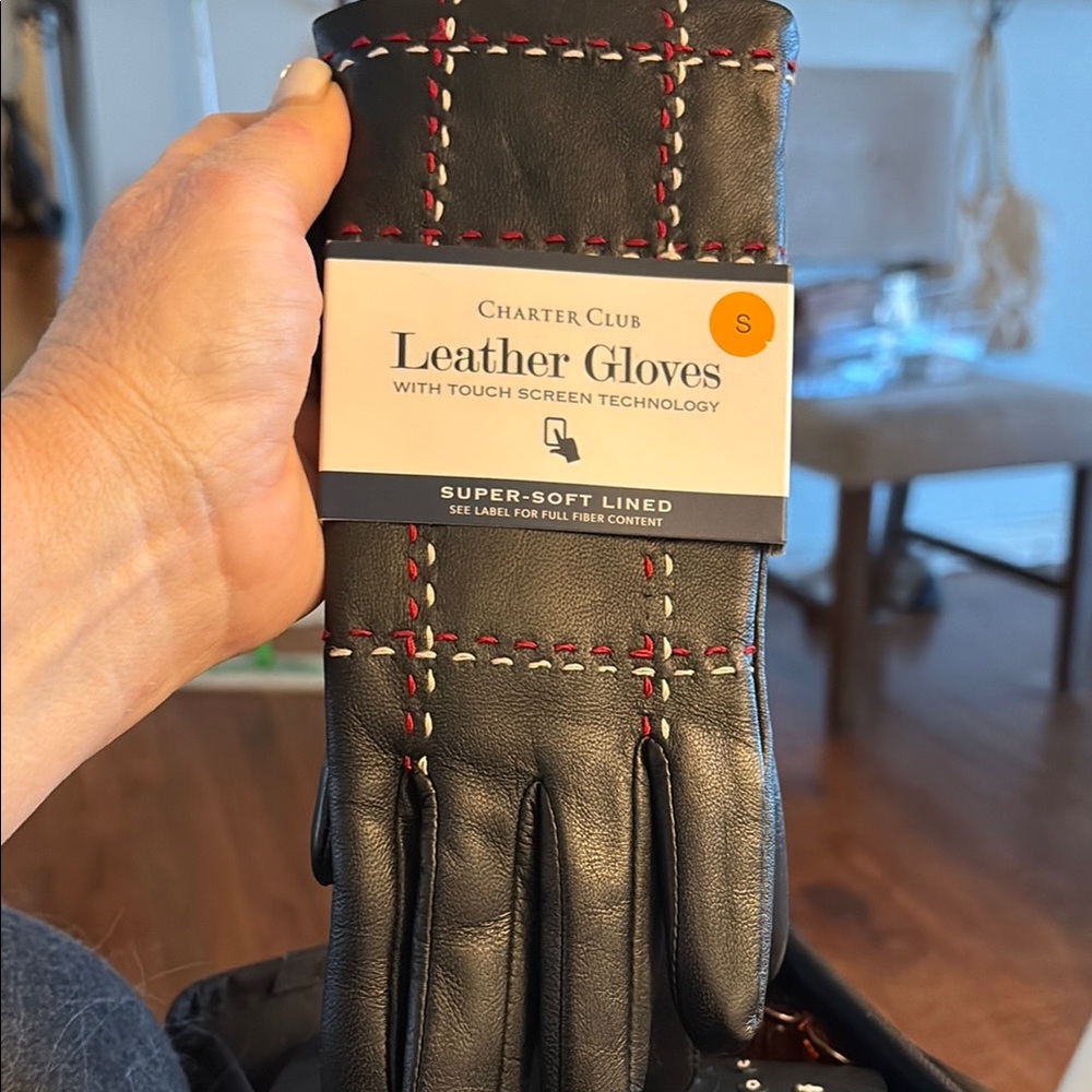 Charter Club Black Leather Gloves with Red Stitching